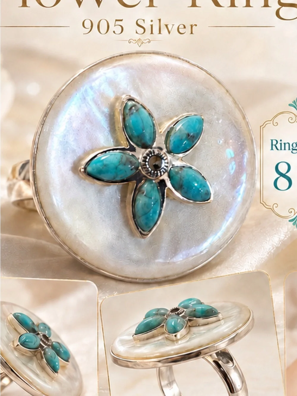 Turquoise Flower Mother-of-Pearl Ring in 905 Silver - Turquoise